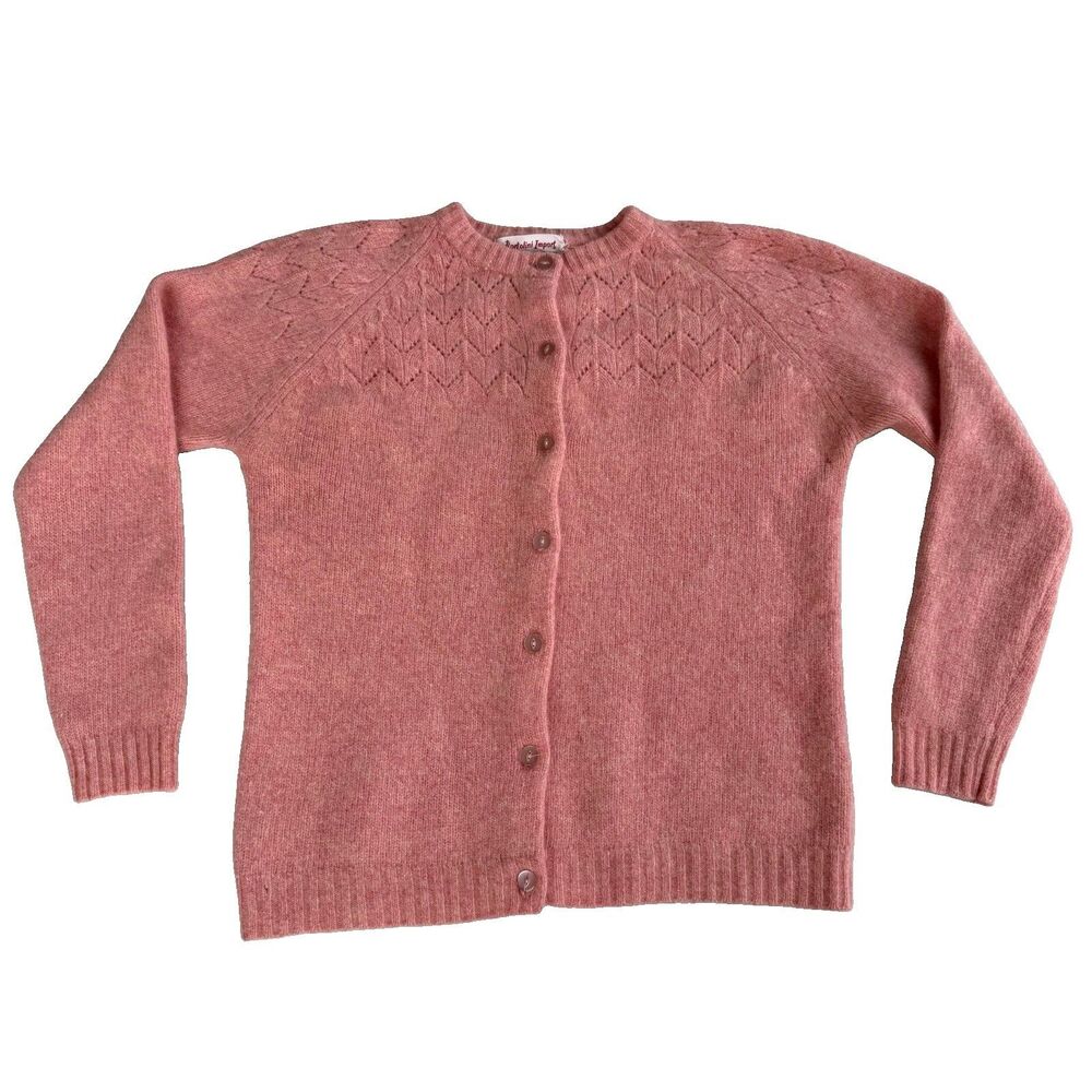 VTG 1960s Bartolini Lambswool Angora Cardigan Sweater M Pink Pointelle Yoke Soft